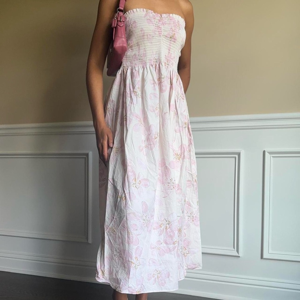 H&M pink floral print strapless dress